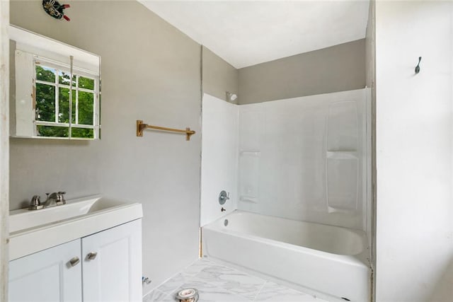 bathroom with vanity,  shower combination, and tile floors