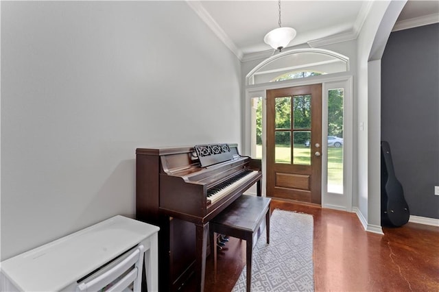 miscellaneous room featuring wood-type flooring and crown molding