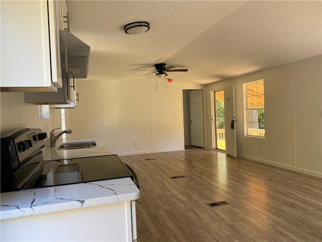 kitchen featuring light stone countertops, dark wood-type flooring, sink, ceiling fan, and a textured ceiling