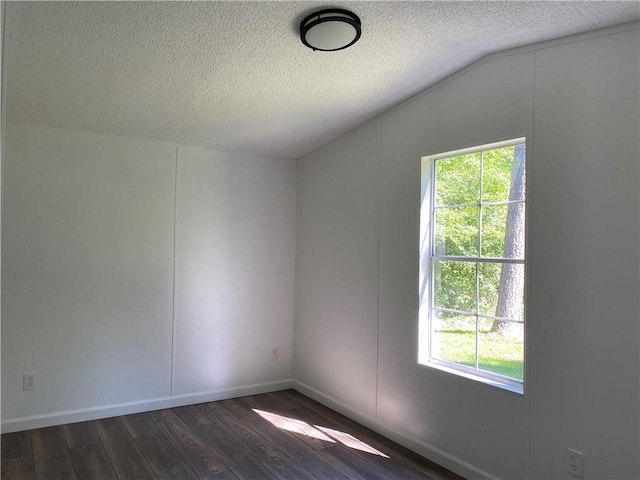 unfurnished room featuring a healthy amount of sunlight, vaulted ceiling, dark wood-type flooring, and a textured ceiling