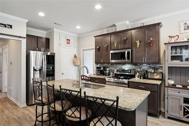 kitchen featuring light wood-type flooring, backsplash, stainless steel appliances, sink, and an island with sink