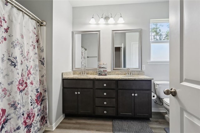 bathroom featuring hardwood / wood-style floors, double vanity, and toilet