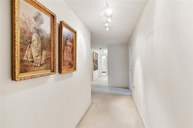 hall featuring rail lighting, carpet flooring, and a textured ceiling