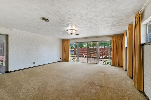 empty room with carpet and a textured ceiling