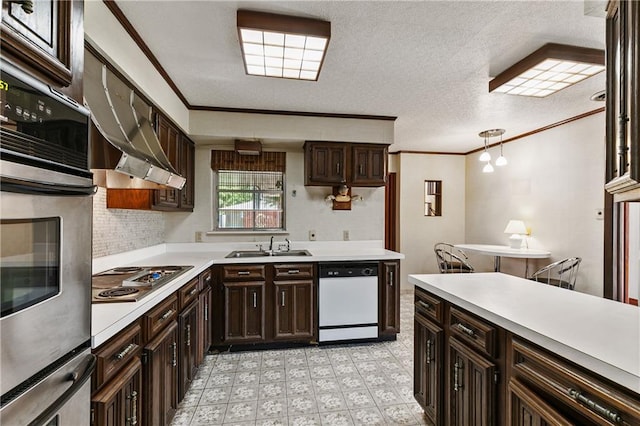 kitchen with appliances with stainless steel finishes, dark brown cabinets, crown molding, and light tile floors