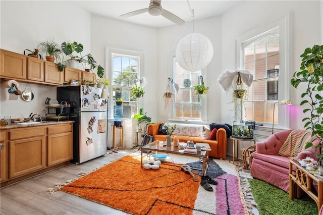 interior space with light hardwood / wood-style flooring, sink, and ceiling fan