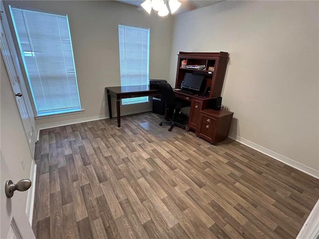 office featuring ceiling fan and hardwood / wood-style floors