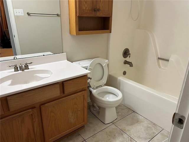 full bathroom with oversized vanity, shower / bathing tub combination, toilet, and tile flooring