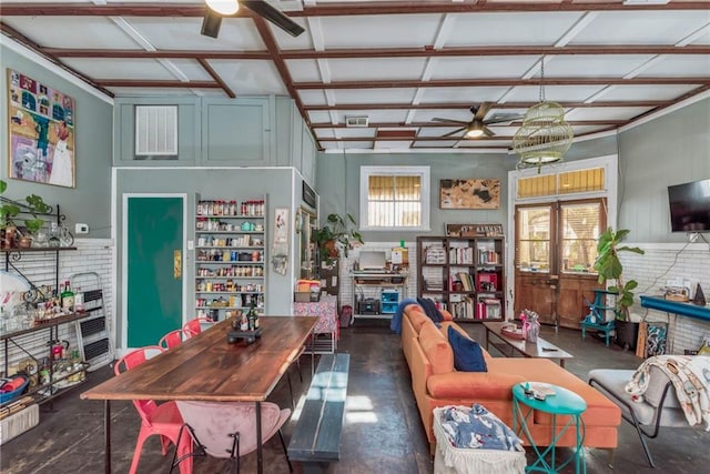 game room featuring plenty of natural light and ceiling fan