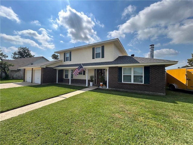 front facade with a garage and a front lawn