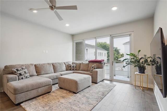 living room with wood-type flooring and ceiling fan