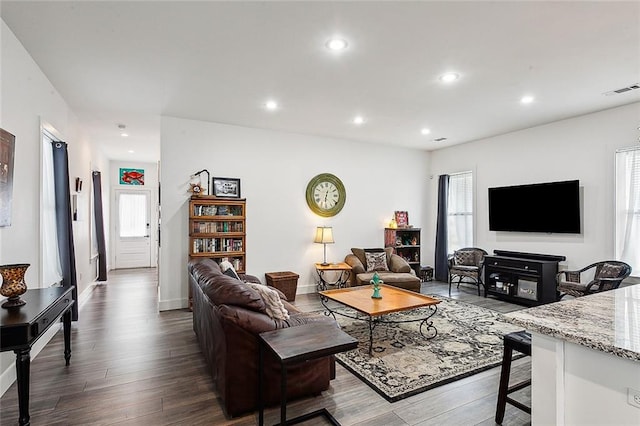 living room featuring dark hardwood / wood-style floors and a wealth of natural light