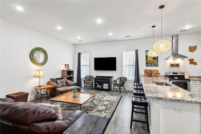 living room featuring a healthy amount of sunlight, dark wood-type flooring, and sink