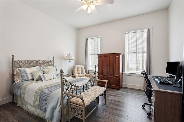 bedroom featuring dark hardwood / wood-style floors and ceiling fan