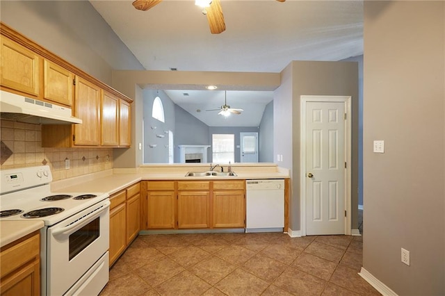 kitchen featuring ceiling fan, light tile floors, white appliances, tasteful backsplash, and lofted ceiling