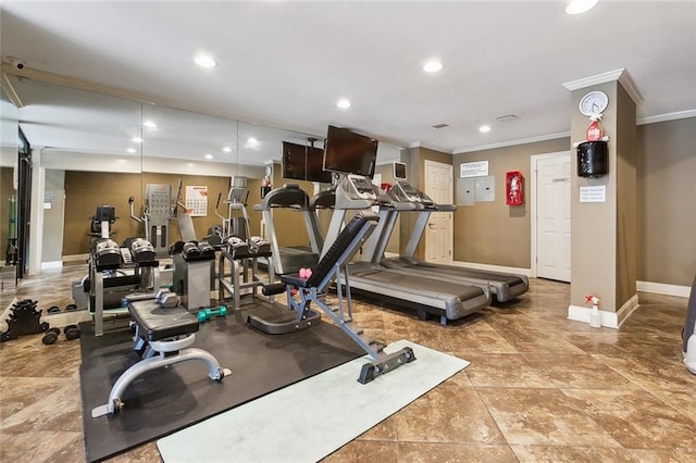 interior space featuring tile floors and ornamental molding