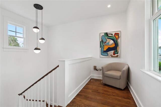 sitting room featuring plenty of natural light and dark wood-type flooring