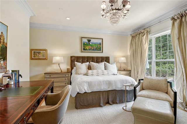 bedroom with a notable chandelier, multiple windows, and crown molding