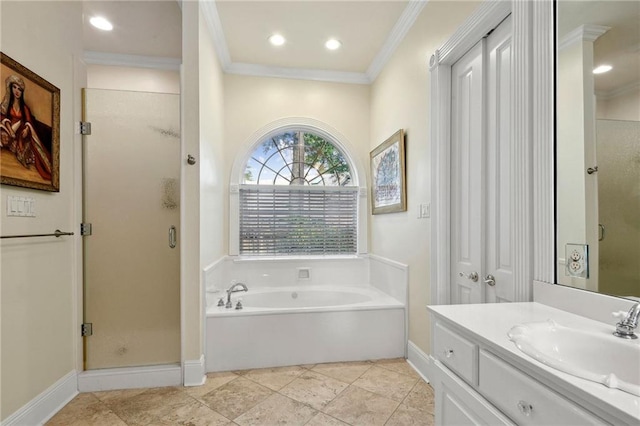 bathroom with tile patterned floors, shower with separate bathtub, crown molding, and vanity