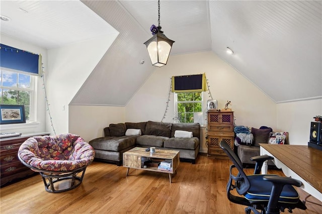 interior space with lofted ceiling, plenty of natural light, and wood-type flooring