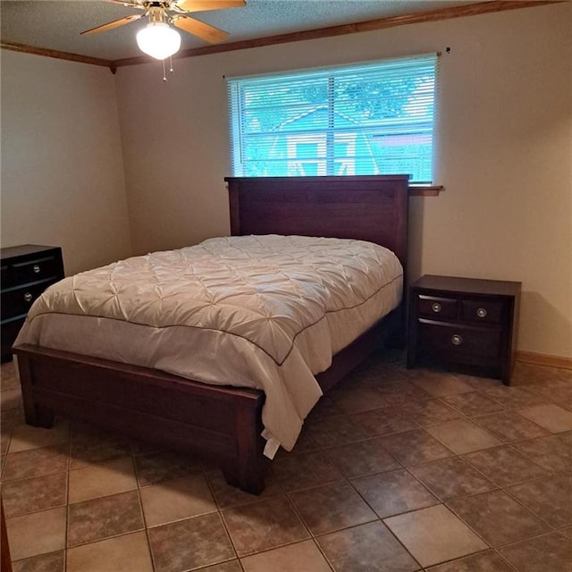 bedroom with tile flooring and ceiling fan