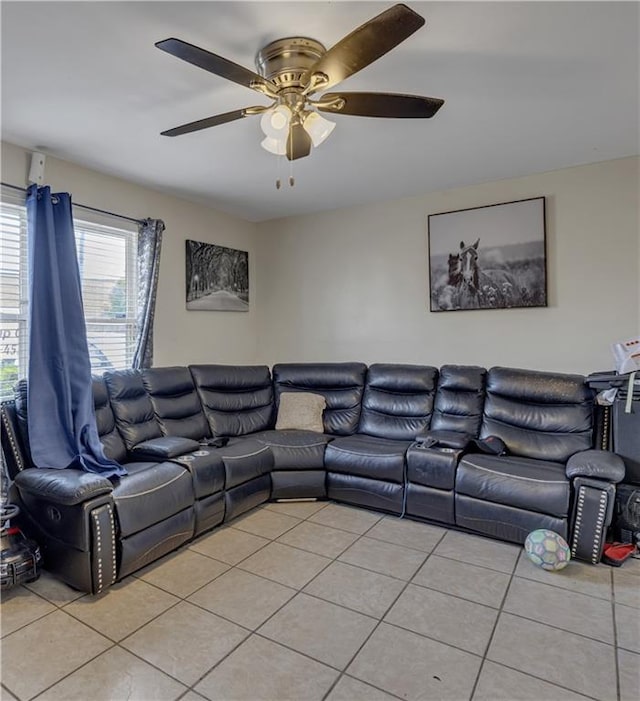 living room with ceiling fan and light tile floors