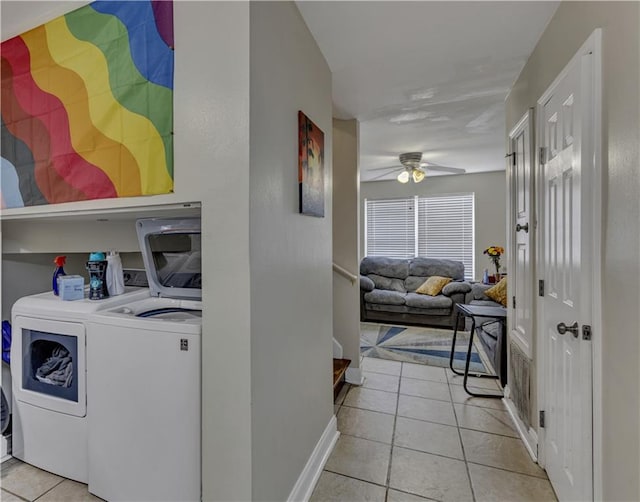 laundry area with washer and dryer, ceiling fan, and light tile floors