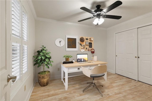 office area with light hardwood / wood-style floors, ceiling fan, and crown molding