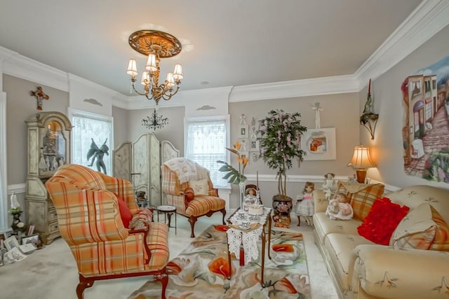 living room with crown molding and a chandelier