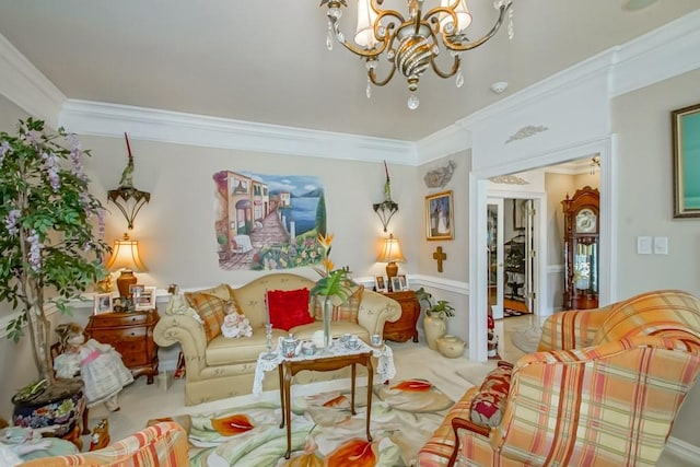 living room with crown molding, an inviting chandelier, and carpet flooring