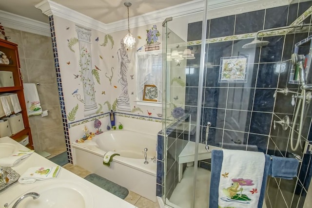 bathroom featuring tile flooring, tile walls, crown molding, and plus walk in shower