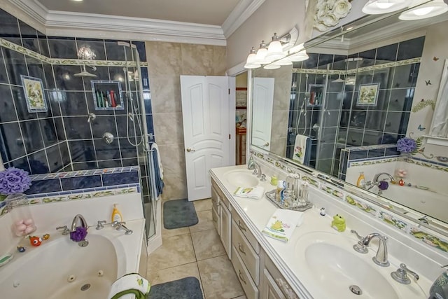 bathroom with crown molding, tile floors, tile walls, dual vanity, and shower with separate bathtub