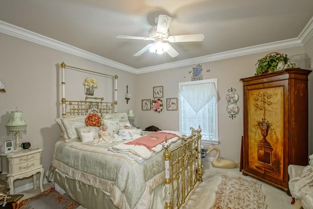 carpeted bedroom featuring ceiling fan and ornamental molding