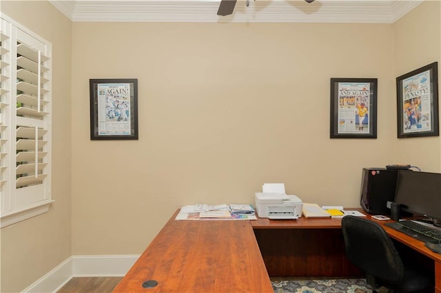 home office with crown molding, wood-type flooring, and ceiling fan