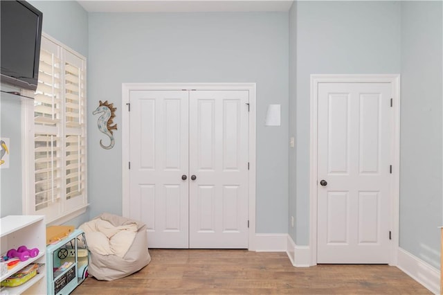 game room with light hardwood / wood-style flooring