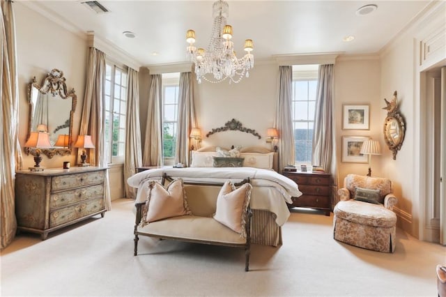 carpeted bedroom with an inviting chandelier and crown molding