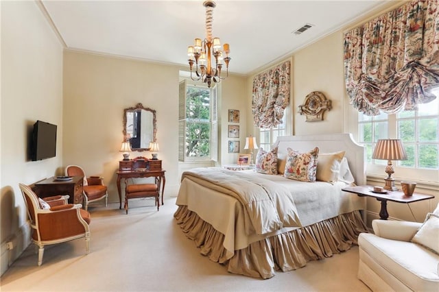 bedroom with ornamental molding, multiple windows, a chandelier, and carpet floors