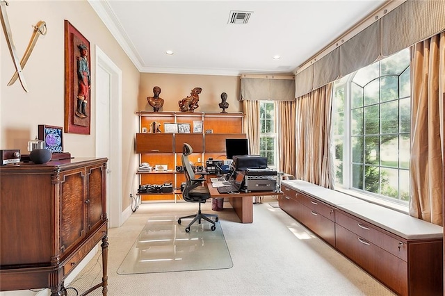 carpeted office space with a wealth of natural light and crown molding