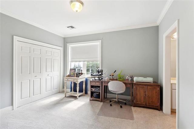 office area featuring crown molding and light colored carpet