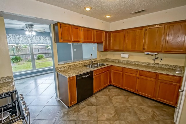 kitchen featuring range, black dishwasher, sink, ceiling fan, and light tile floors