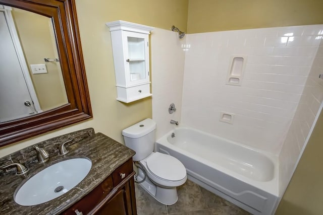 full bathroom featuring toilet, shower / bathing tub combination, tile floors, and vanity