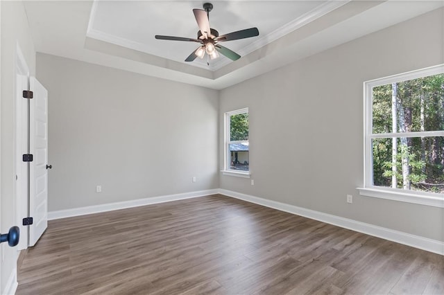 spare room featuring ceiling fan, a tray ceiling, dark hardwood / wood-style floors, and a healthy amount of sunlight