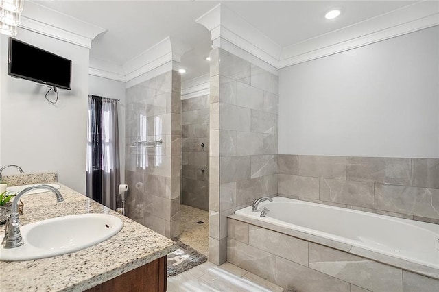 bathroom featuring vanity, plus walk in shower, tile floors, and crown molding