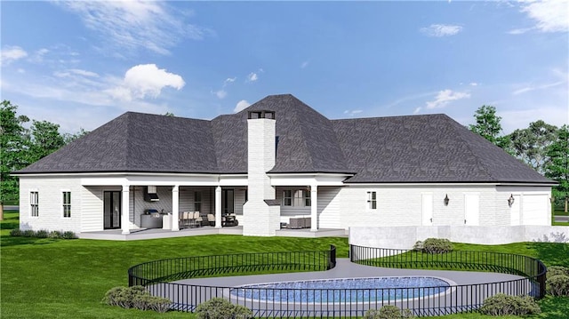 back of house featuring a patio area, central AC unit, a lawn, and a fenced in pool