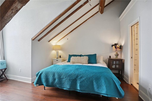 bedroom featuring beamed ceiling, high vaulted ceiling, and hardwood / wood-style flooring