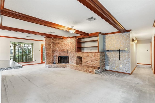 unfurnished living room featuring crown molding, carpet, beam ceiling, and a fireplace