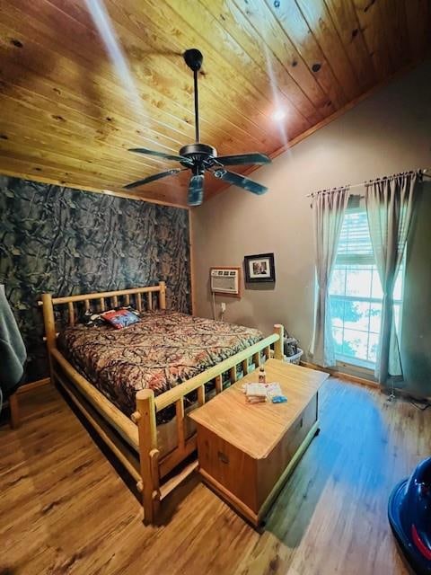 bedroom featuring wooden ceiling, hardwood / wood-style floors, and ceiling fan