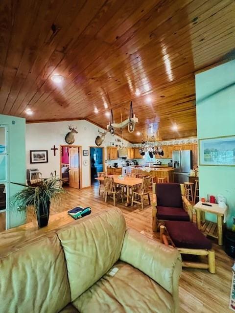 living room with wooden ceiling and light wood-type flooring