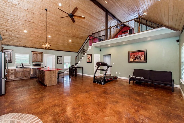 kitchen featuring ceiling fan, wood ceiling, high vaulted ceiling, sink, and pendant lighting