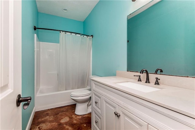 full bathroom with tile flooring, oversized vanity, toilet, and shower / bath combination with curtain